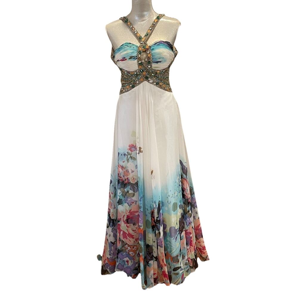 Terani Couture Rhinestone Colorful Floral Halter Neck Prom or Pageant gown Sz 0 - Picture 7 of 16